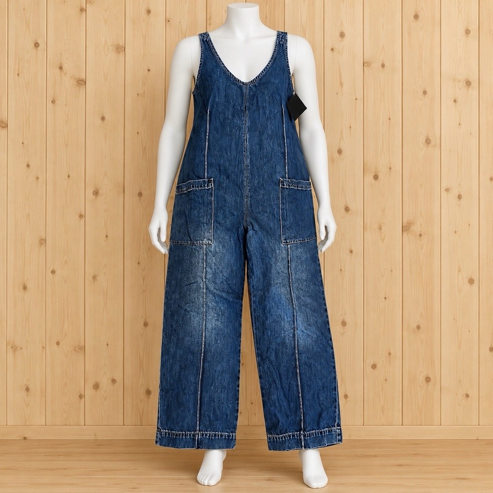 Coldwater Creek Blue Denim Sleeveless V-Neck Jumpsuit Pockets 28" Inseam L. [K]